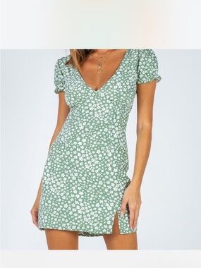Princess Polly Green Floral V-Neck Mini Dress
